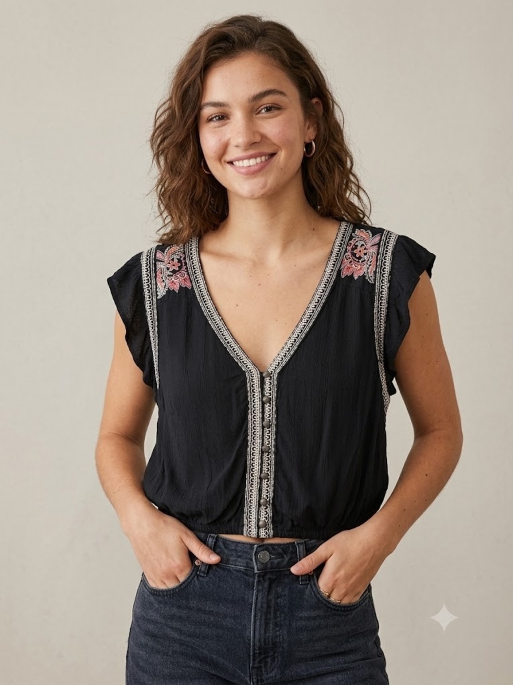 American Eagle Boho Embroidered Crop Top Flutter Sleeve XL Whimsigoth Floral
